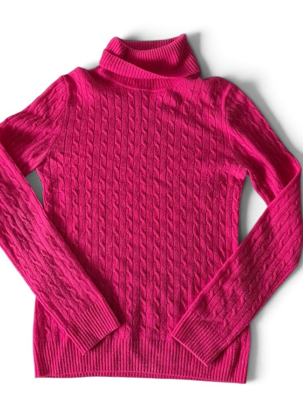 J Crew 100% Cashmere Hot Pink Cable Knit Sweater Turtleneck Top Luxury Small